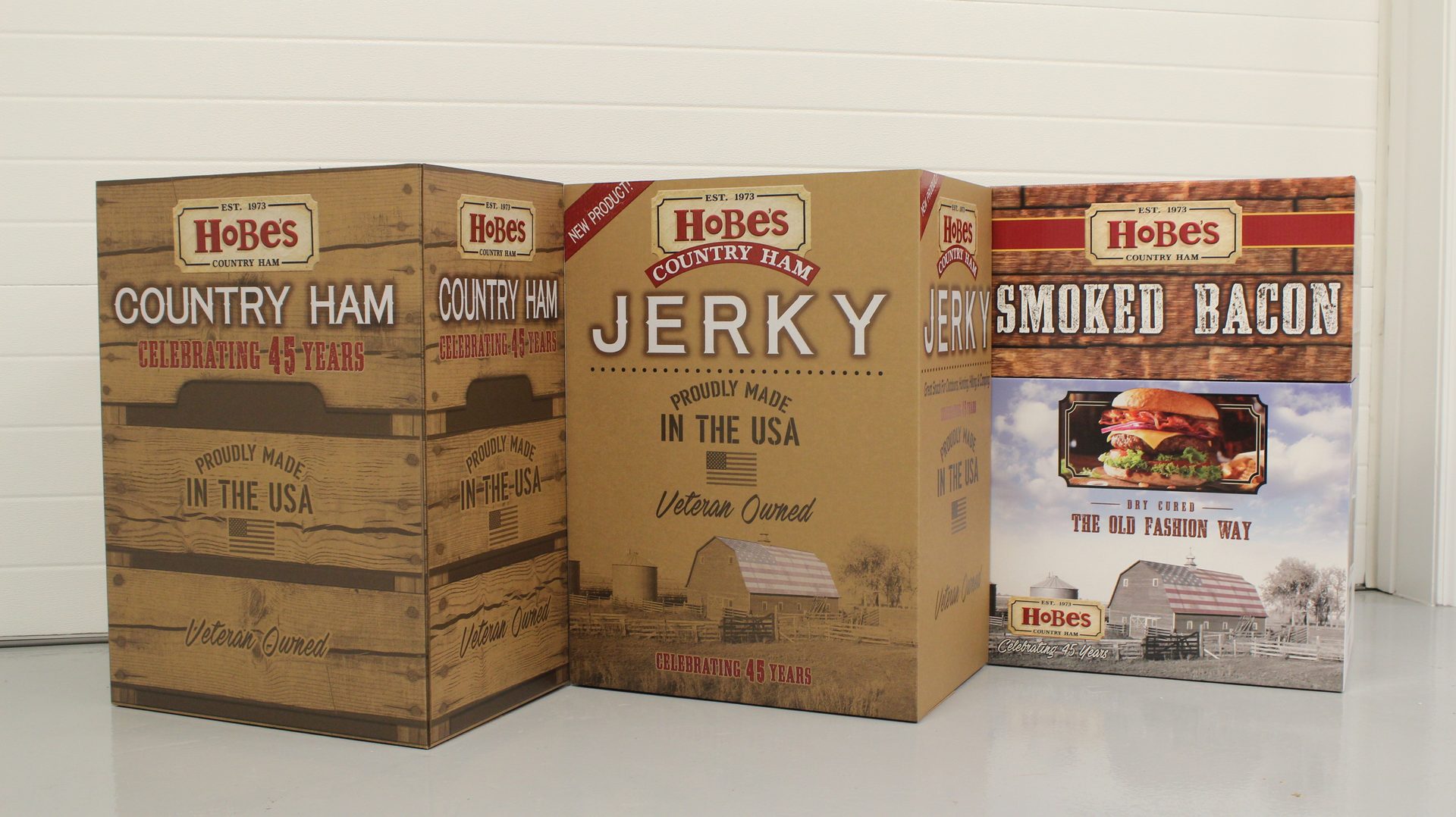 HoBe's meat product boxes: Country Ham, Jerky, Smoked Bacon. Made in USA, Veteran Owned.