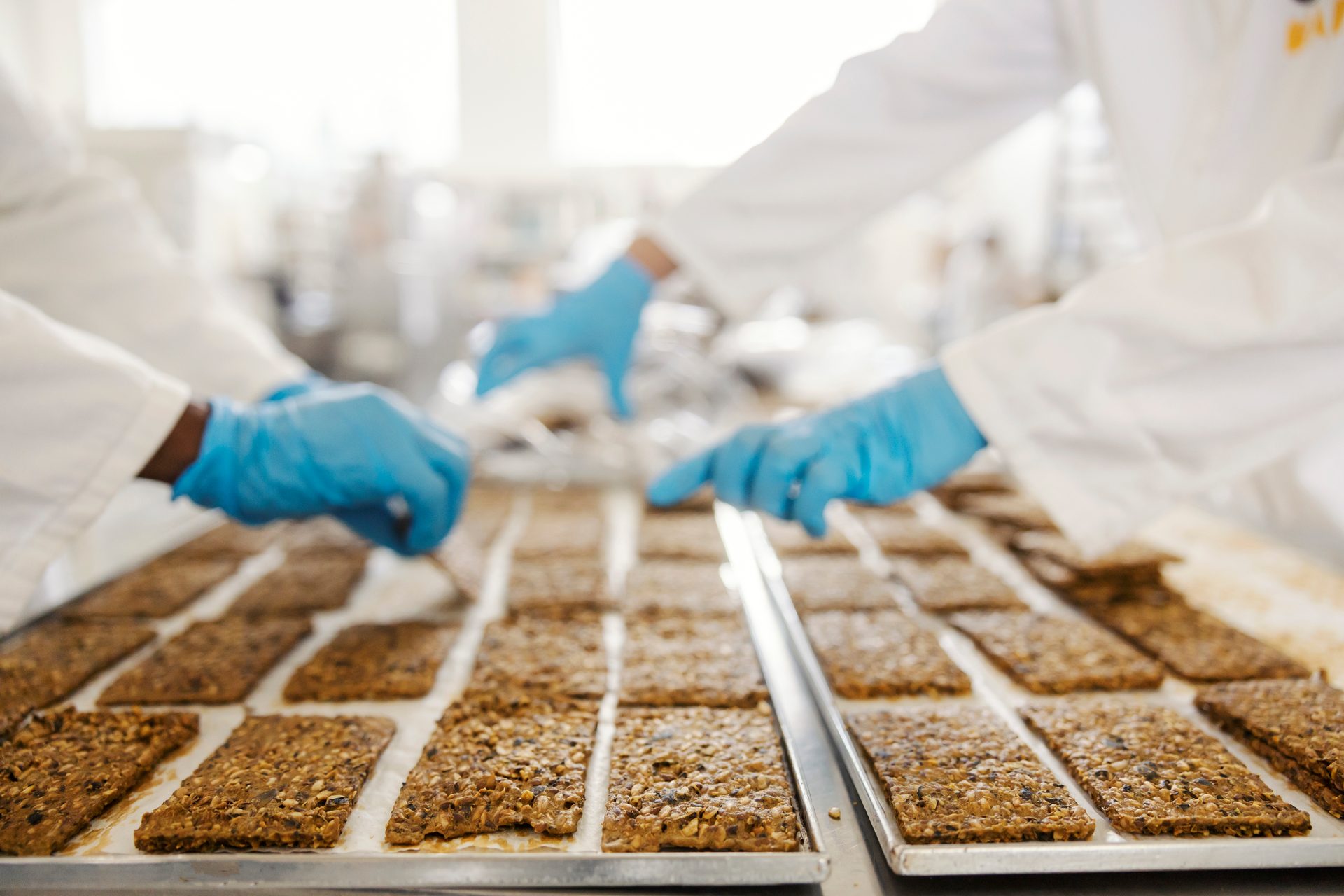 Gloved hands arranging seed bars on trays in a food production facility.