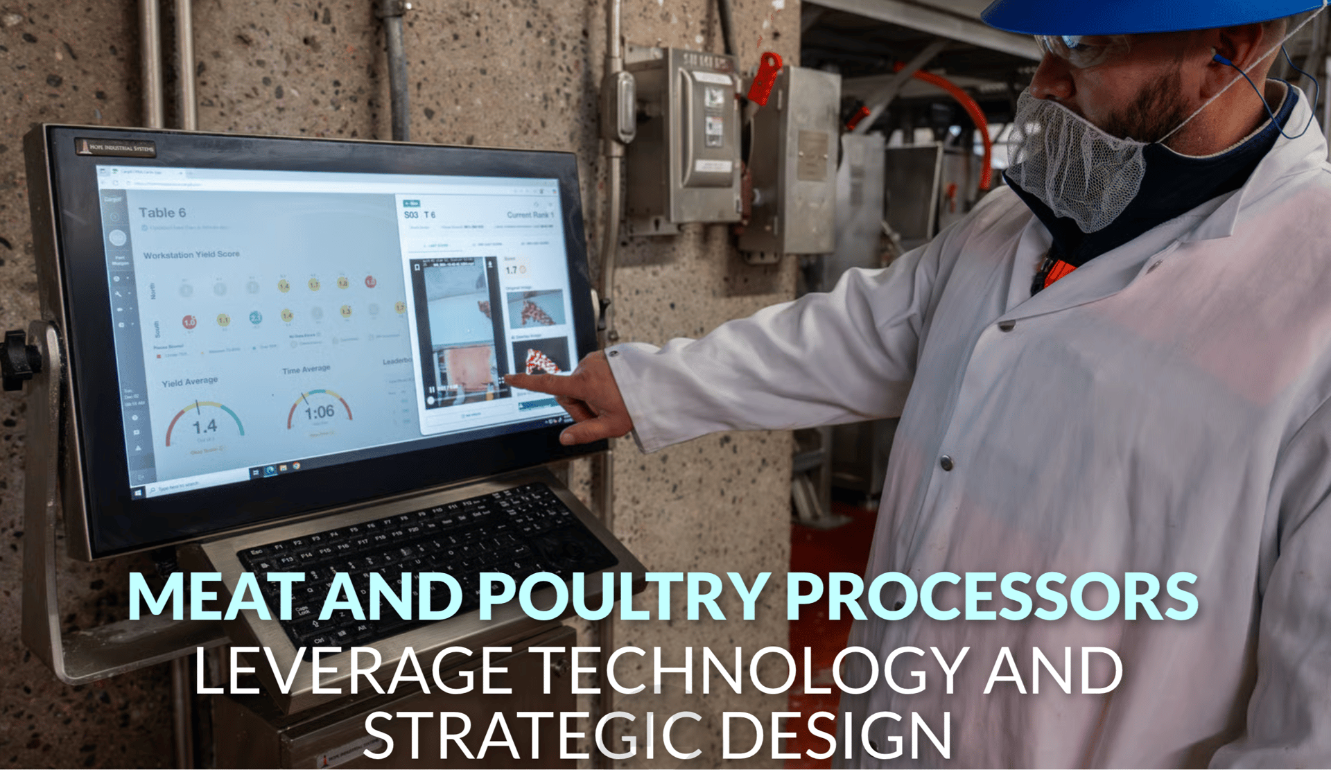 Man in white coat points at a screen showing meat processing production data and images.