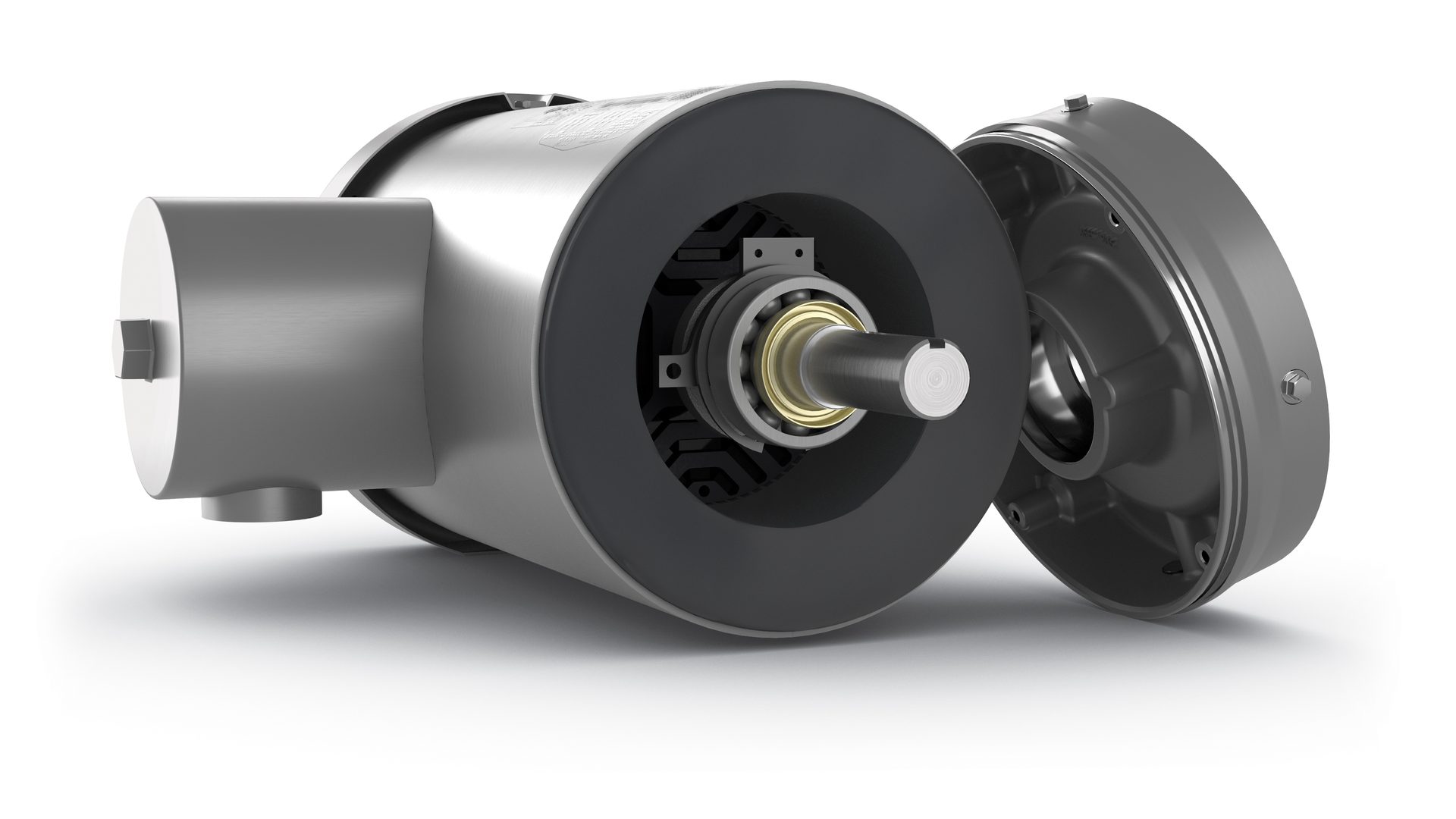 Disassembled industrial motor with internal shaft and bearing.