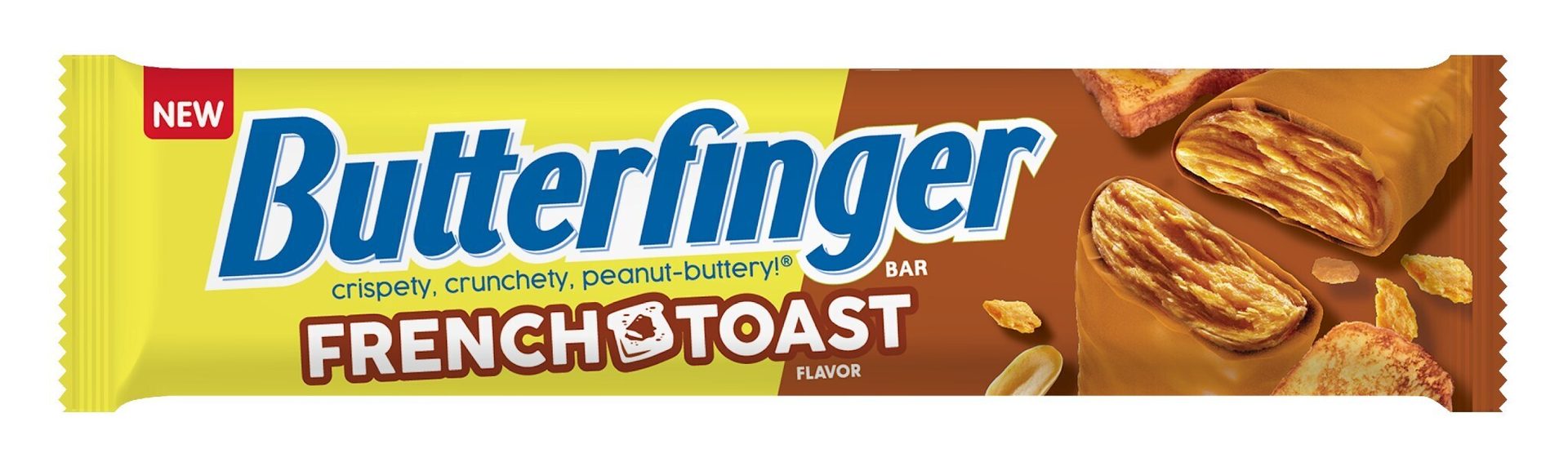 New Butterfinger French Toast Flavor candy bar wrapper with images of the bar and filling.