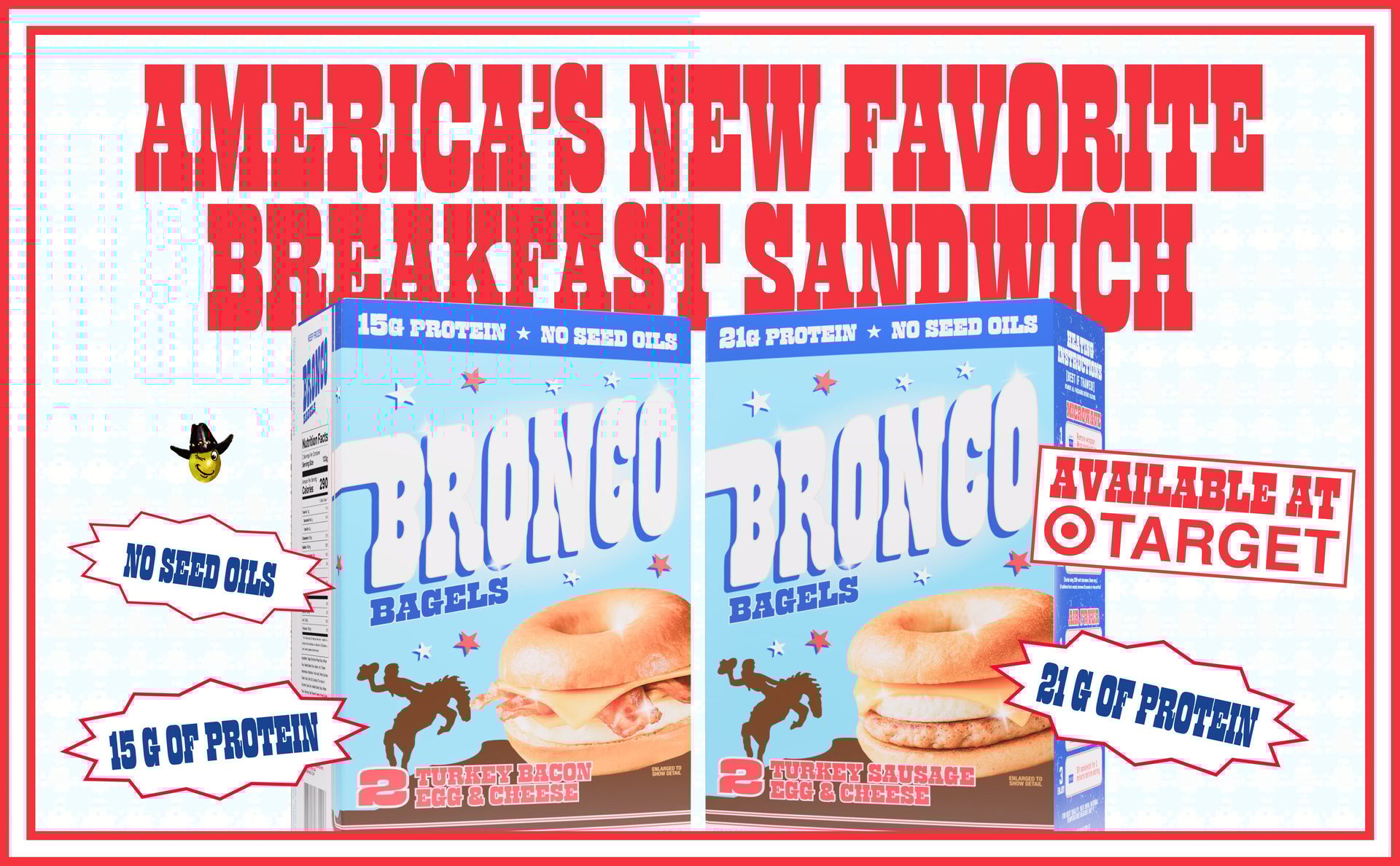 Bronco Bagels breakfast sandwiches: Turkey Bacon, Turkey Sausage, no seed oils, high protein, available at Target.