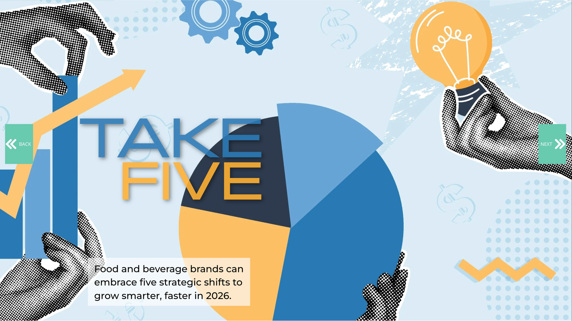 "TAKE FIVE" title with hands on growth charts & a lightbulb, symbolizing 5 strategic shifts.
