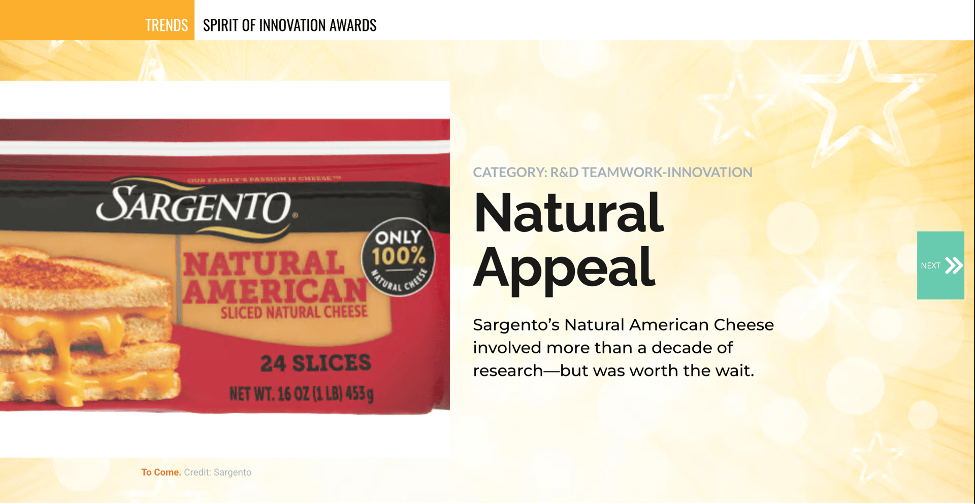 Sargento Natural American Cheese packaging with "Natural Appeal" title and award text.
