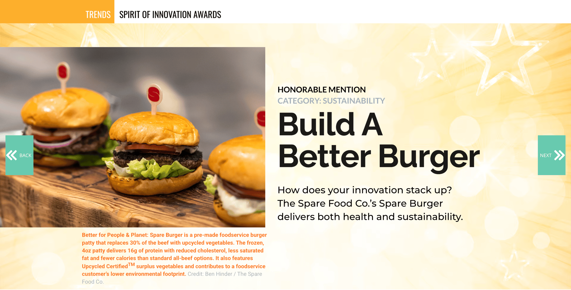 Three burgers, title 'Build A Better Burger' for a sustainable patty by The Spare Food Co.