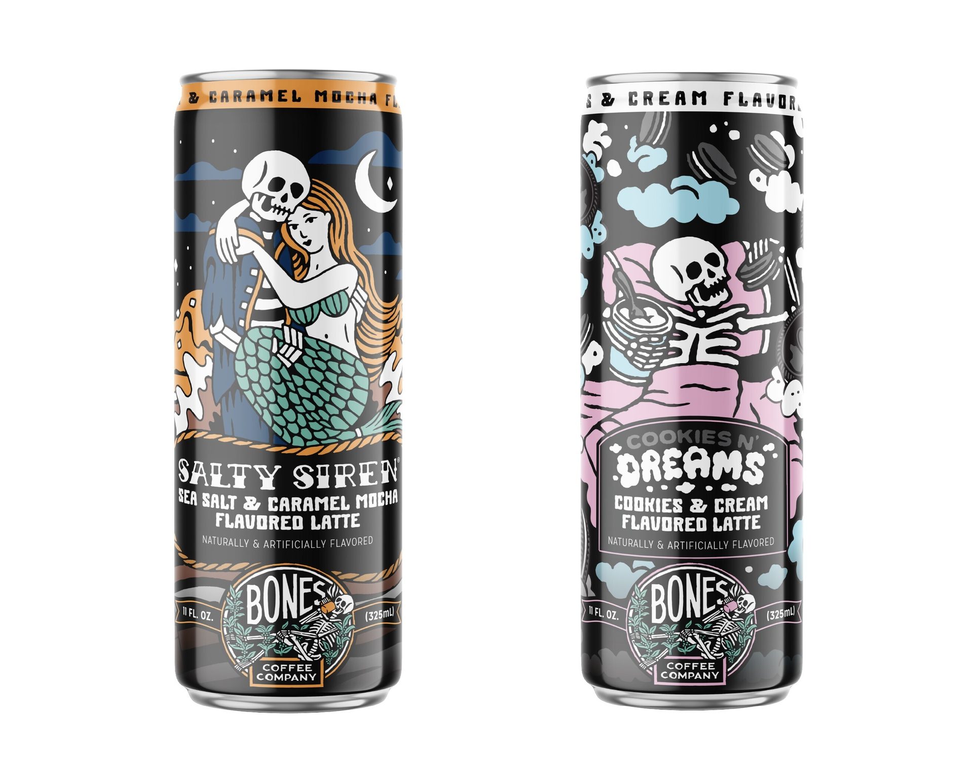 Two Bones Coffee Company cans: Salty Siren (sea salt & caramel mocha) and Cookies N' Dreams (cookies & cream).