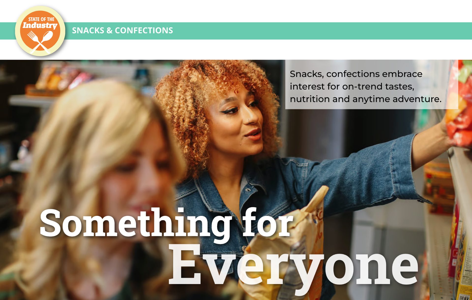 Two women in a store, one reaching for a snack. Focus on snacks, confections, and variety.