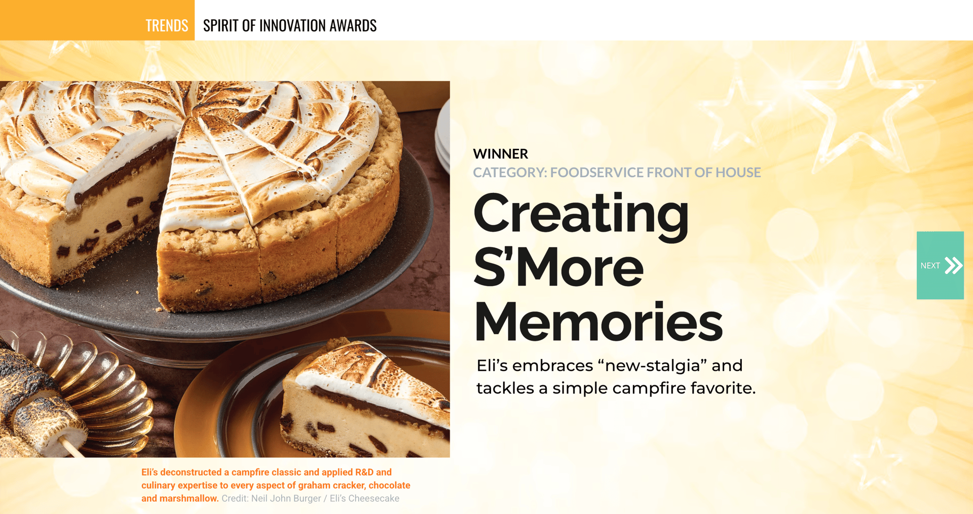 Eli's award-winning s'mores cheesecake, with "Creating S'More Memories" headline.