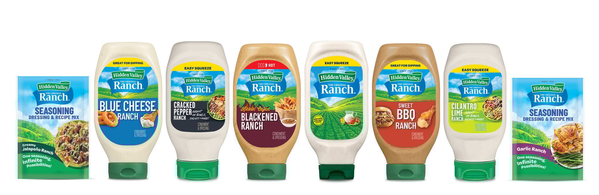 A row of various Hidden Valley Ranch dressings and seasoning mixes, including Blue Cheese, BBQ, and Garlic.