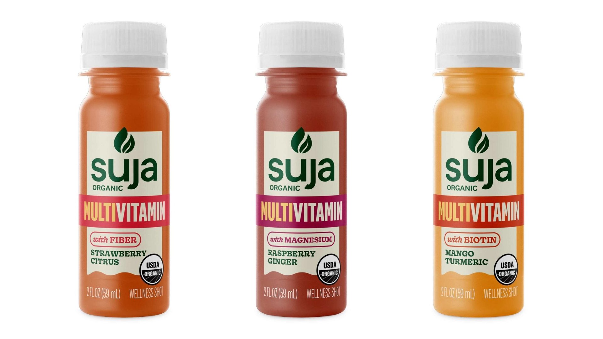 Three Suja Organic Multivitamin shots: Strawberry Citrus, Raspberry Ginger, Mango Turmeric.
