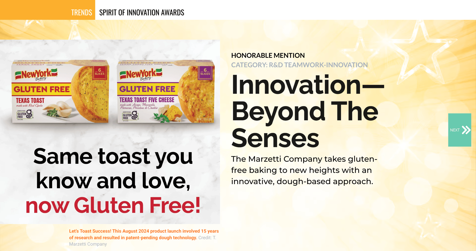 NewYork Bakery Gluten Free Texas Toast packaging and award for 'Innovation – Beyond The Senses.'