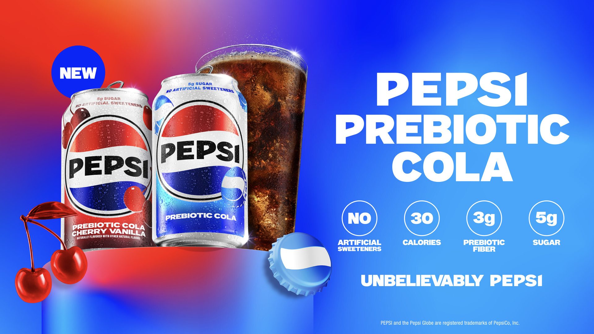 New Pepsi Prebiotic Cola cans and glass, highlighting no artificial sweeteners, 3g fiber, 5g sugar.