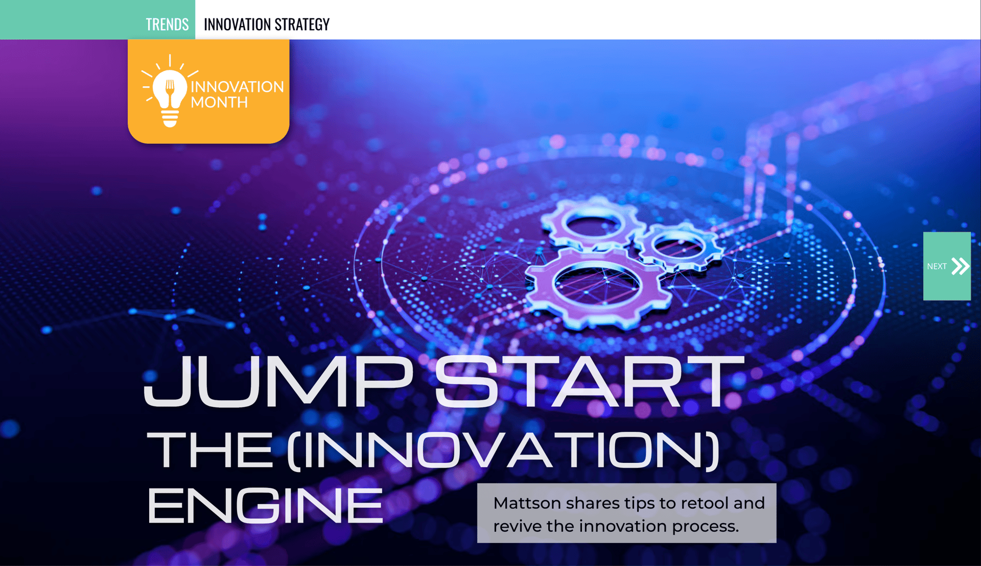 Blue tech graphic: 'Jump Start the Innovation Engine', gears, and 'Innovation Month' lightbulb.