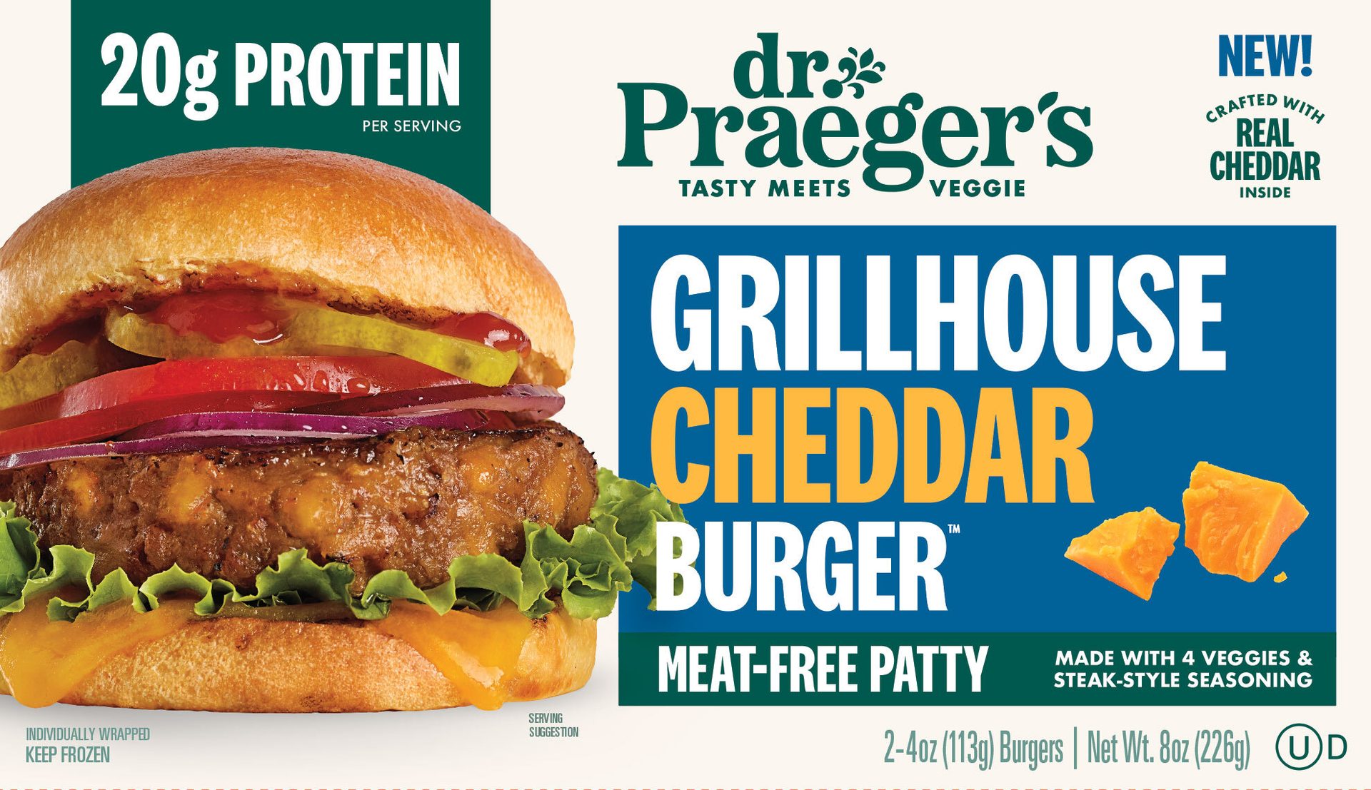 Meat-free patty with real cheddar, 20g protein, with lettuce, tomato, onion & pickles.