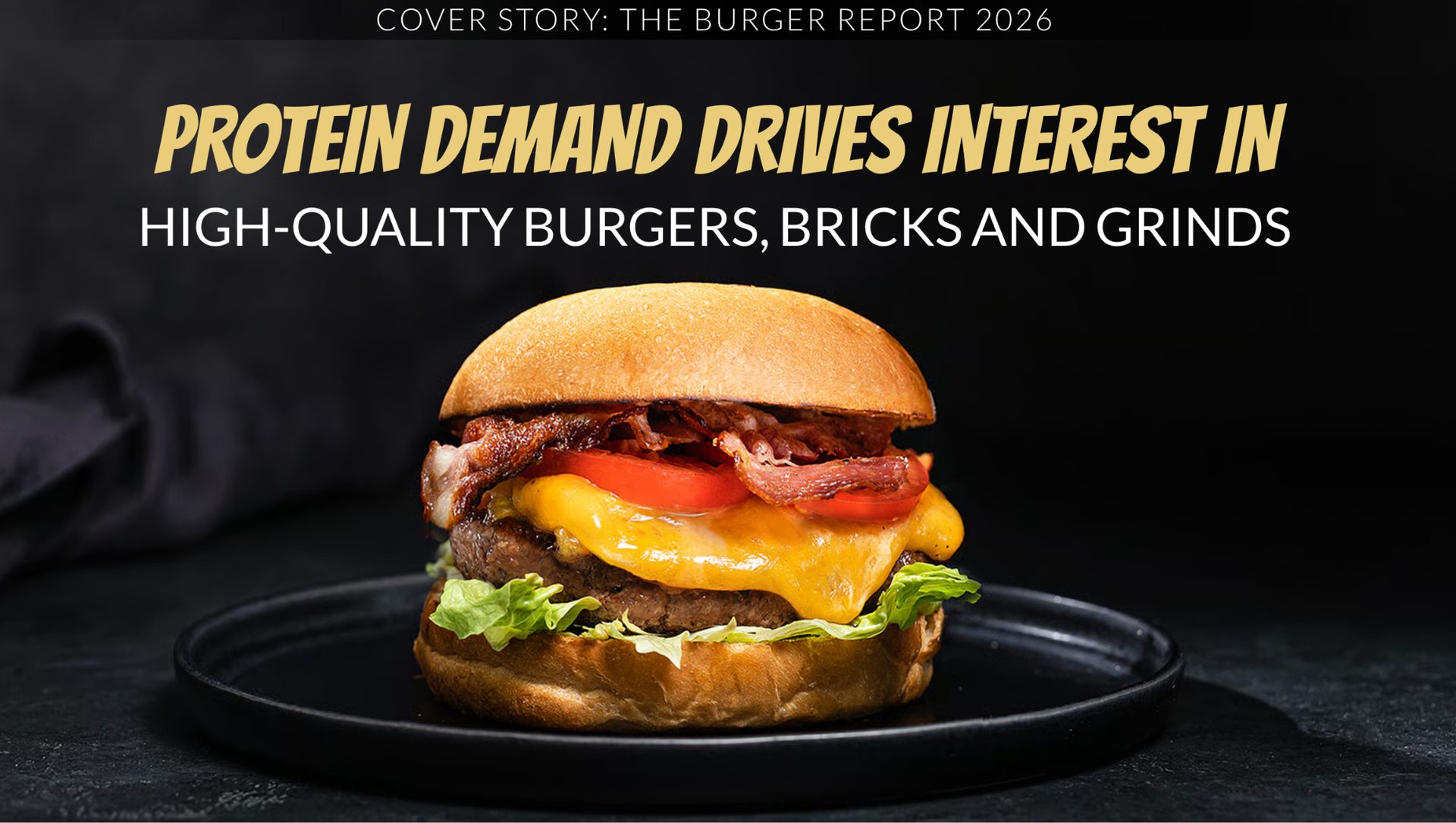 A close-up of a delicious burger with bacon, cheese, and lettuce on a dark plate, with a headline.