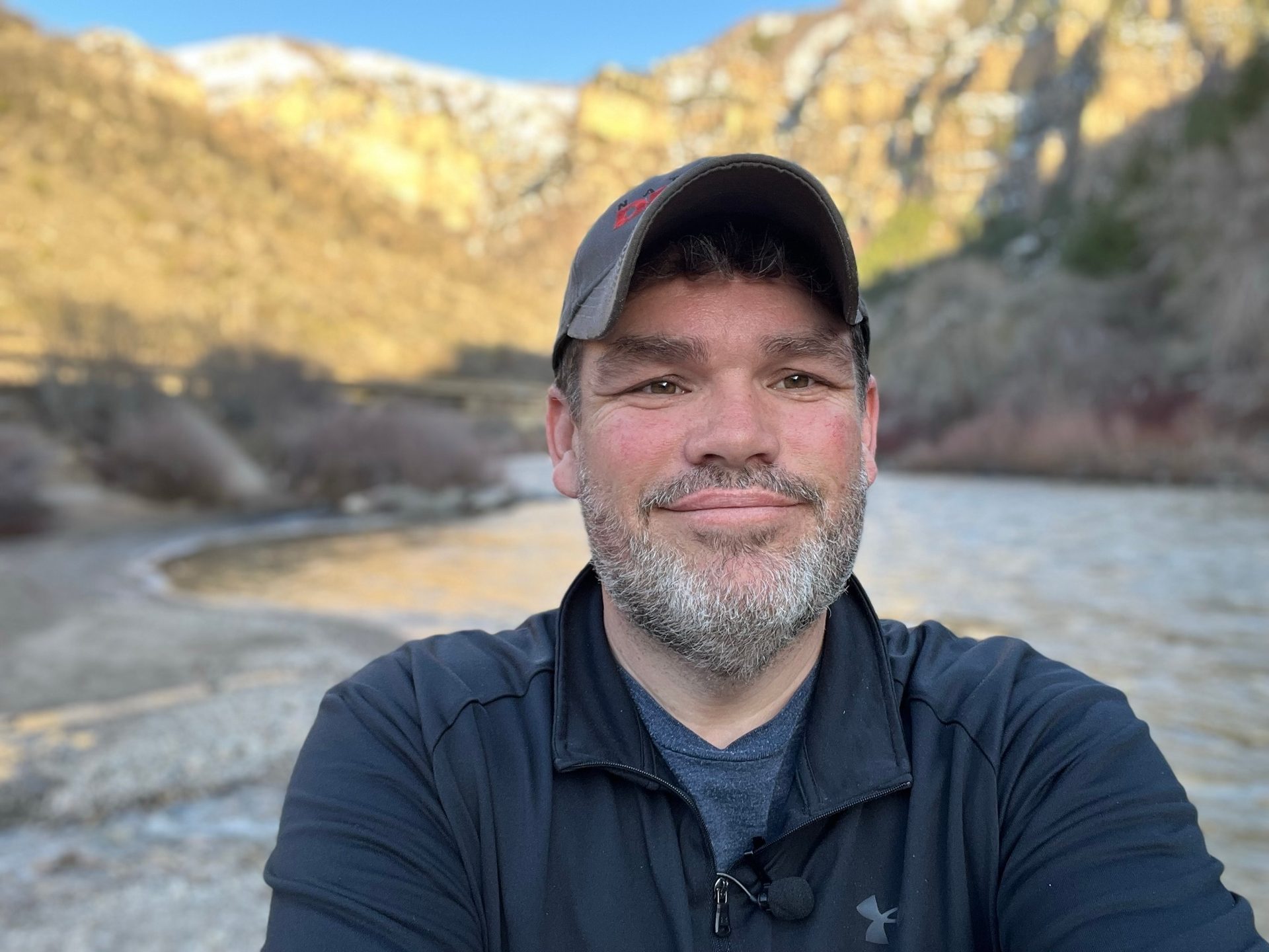 Water, Mountain, Smile, Sky, Beard, Jaw, Happy, Travel, Lake, Cap