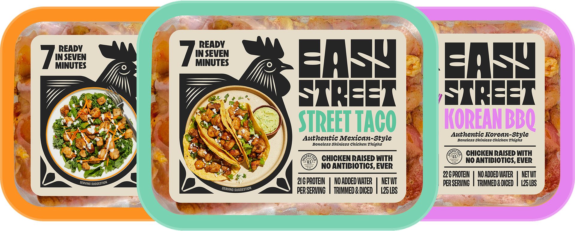 Three packages of Easy Street boneless, skinless chicken thighs: Street Taco, Korean BBQ, and another flavor, ready in seven minutes.