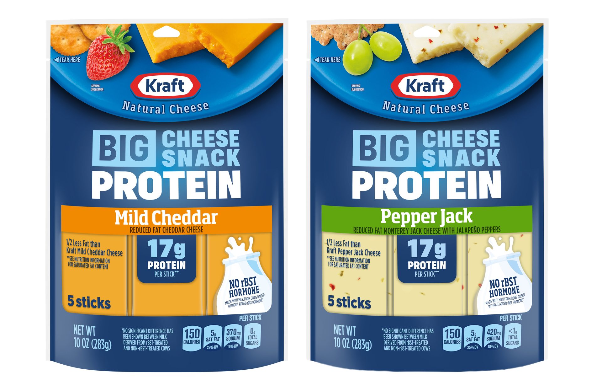 Two Kraft Big Cheese Snack Protein packages: Mild Cheddar with strawberries and Pepper Jack with grapes.