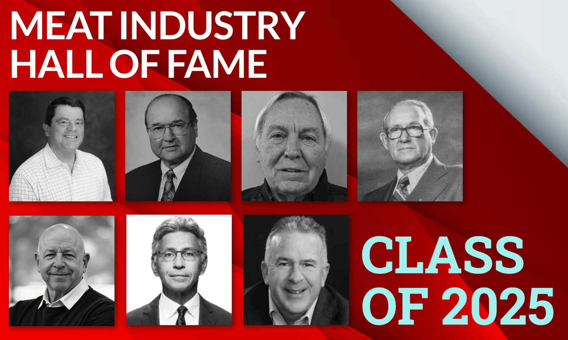 Meat Industry Hall of Fame Class of 2025 graphic with eight black and white portraits.
