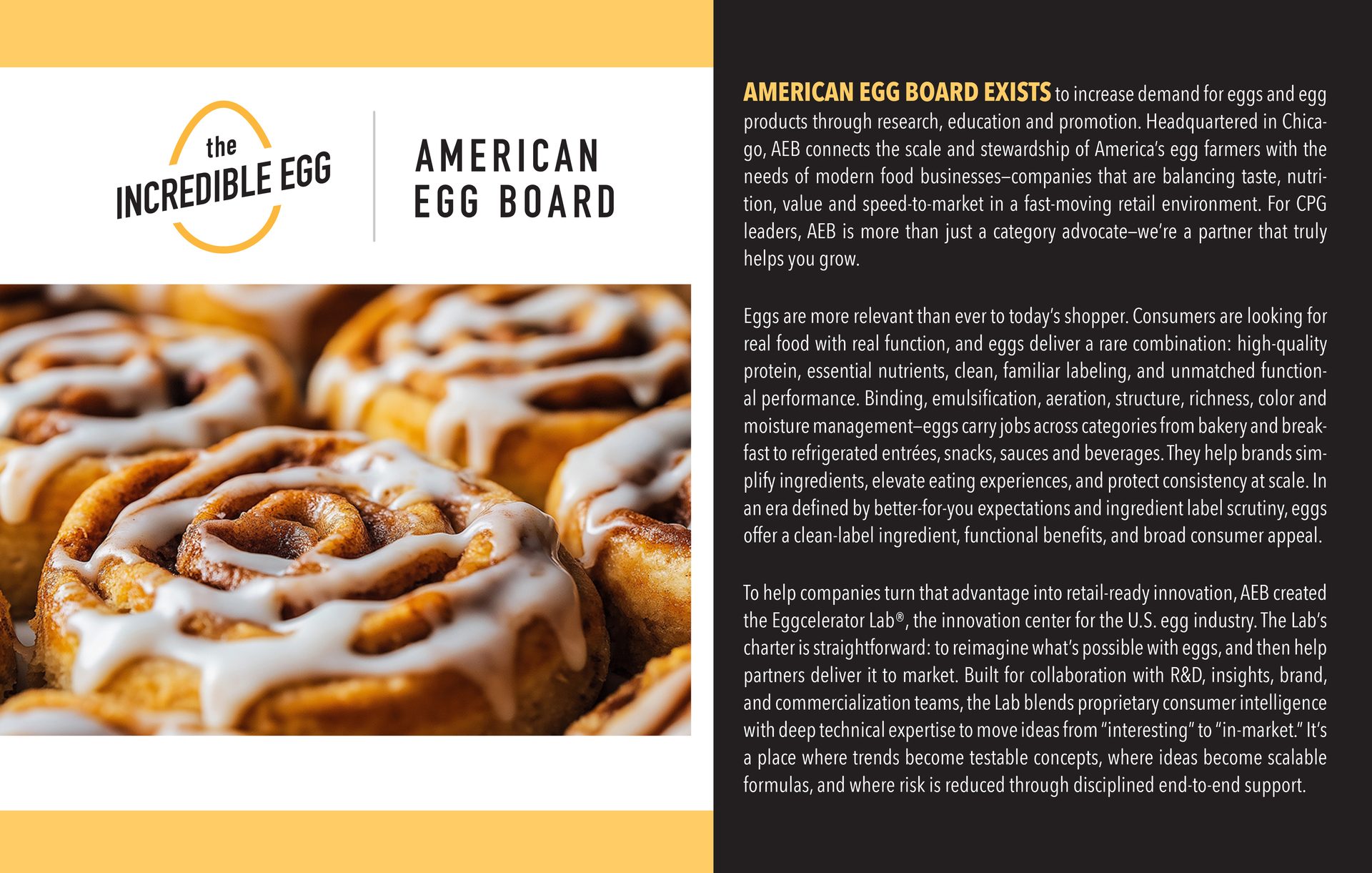Cinnamon rolls with white icing, American Egg Board logo, and text explaining its role in the egg industry.
