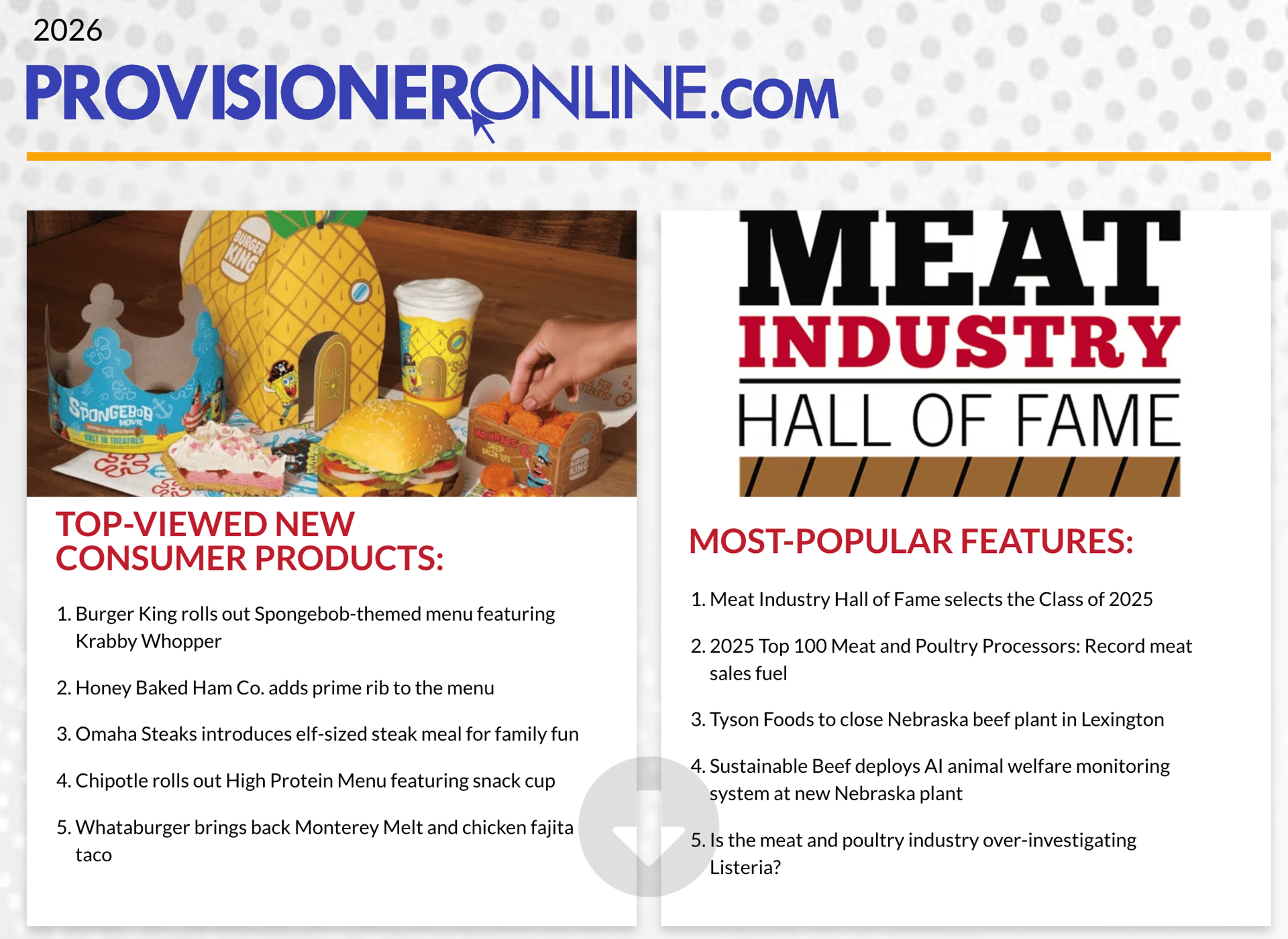 PROVISIONERONLINE.COM: Spongebob Burger King meal, top consumer products, and meat industry features.