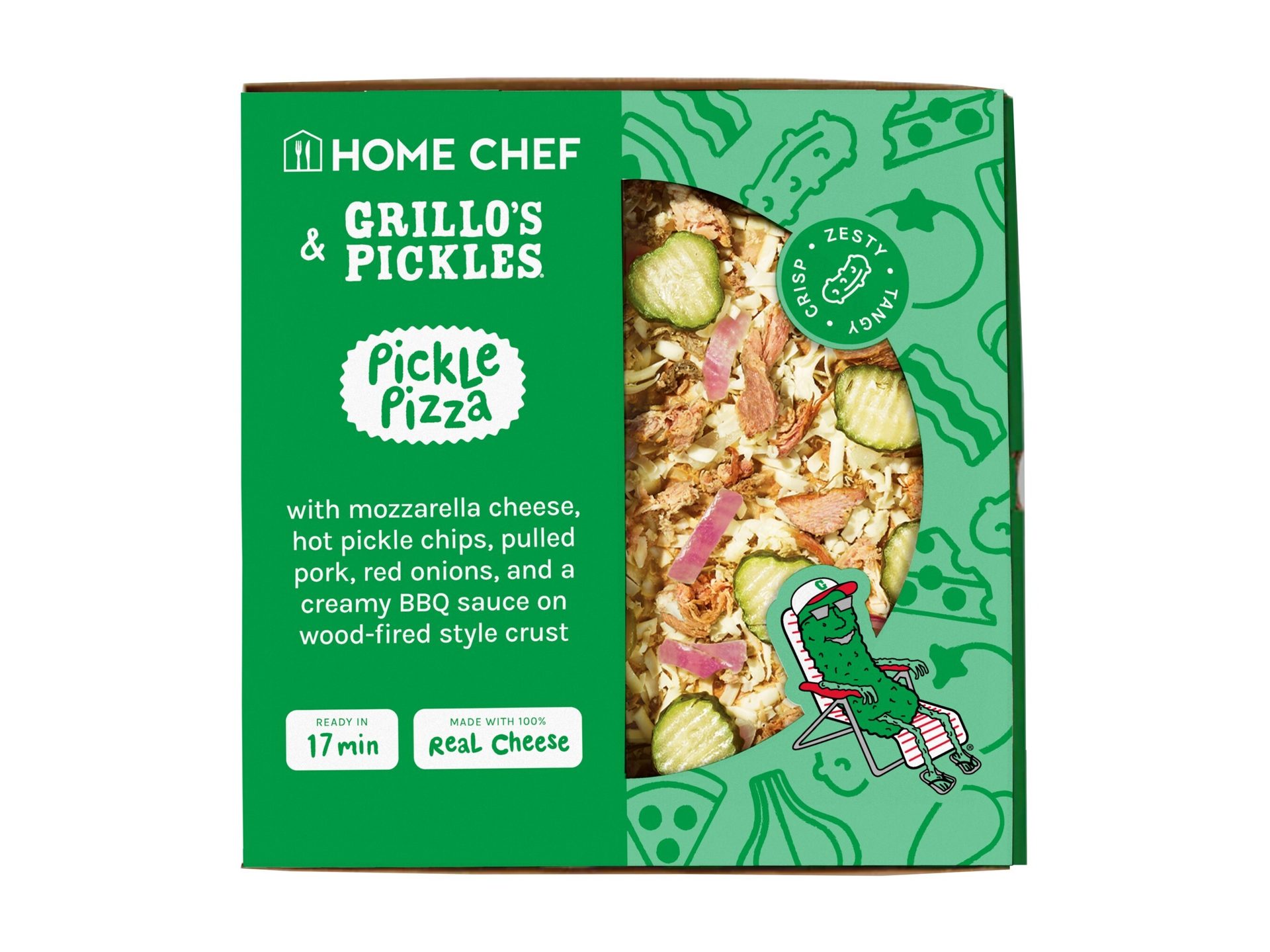 A Home Chef Grillo's & Pickles Pickle Pizza box featuring the product description and a view of the pizza with ingredients.