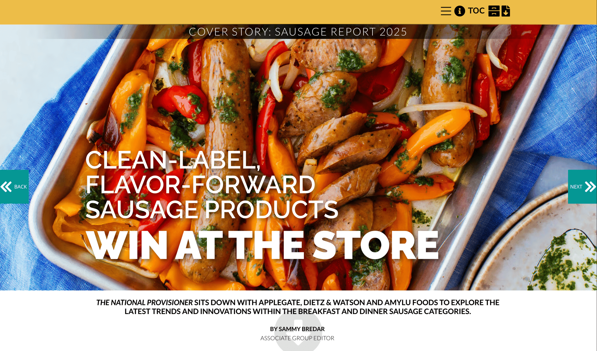 Webpage banner: Cooked sausages & peppers with text 'Clean-Label Sausage Products Win at the Store'.