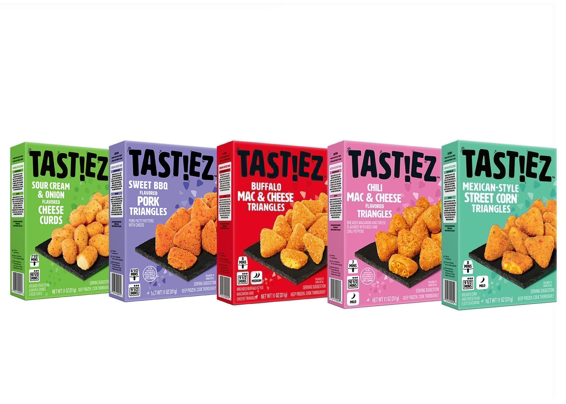 A row of five Tasti!ez frozen snack boxes in various flavors including cheese curds, pork triangles, and mac & cheese.