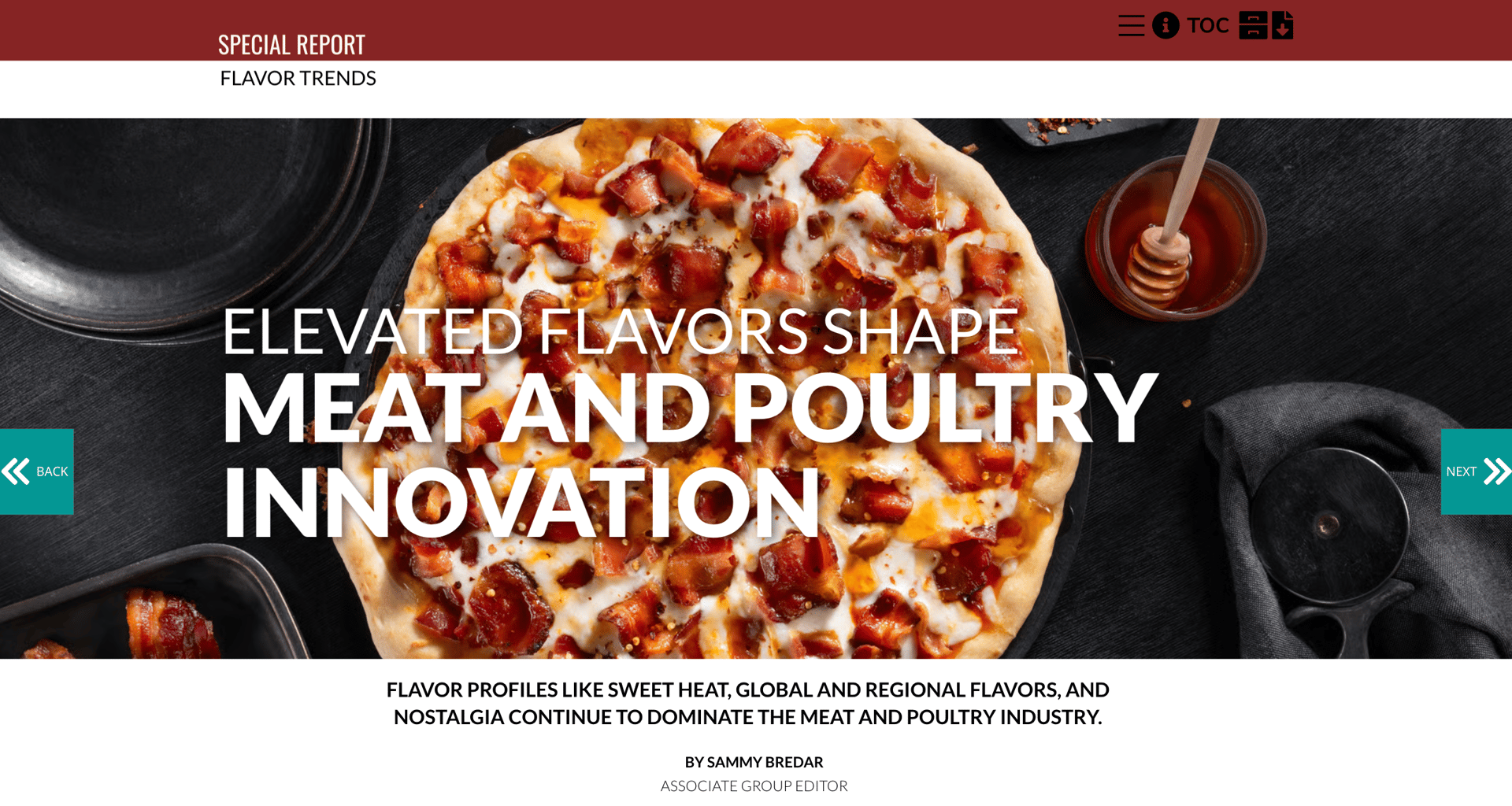 Bacon pizza with text: "Elevated Flavors Shape Meat and Poultry Innovation," a special report.