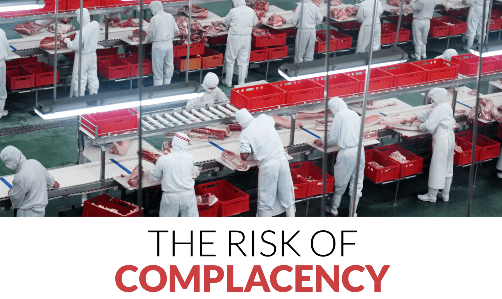 Workers in protective suits process meat on an assembly line in a food production facility.