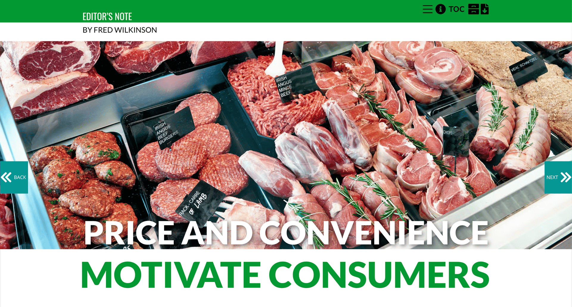 Editor's Note over a meat counter: "Price and Convenience Motivate Consumers."