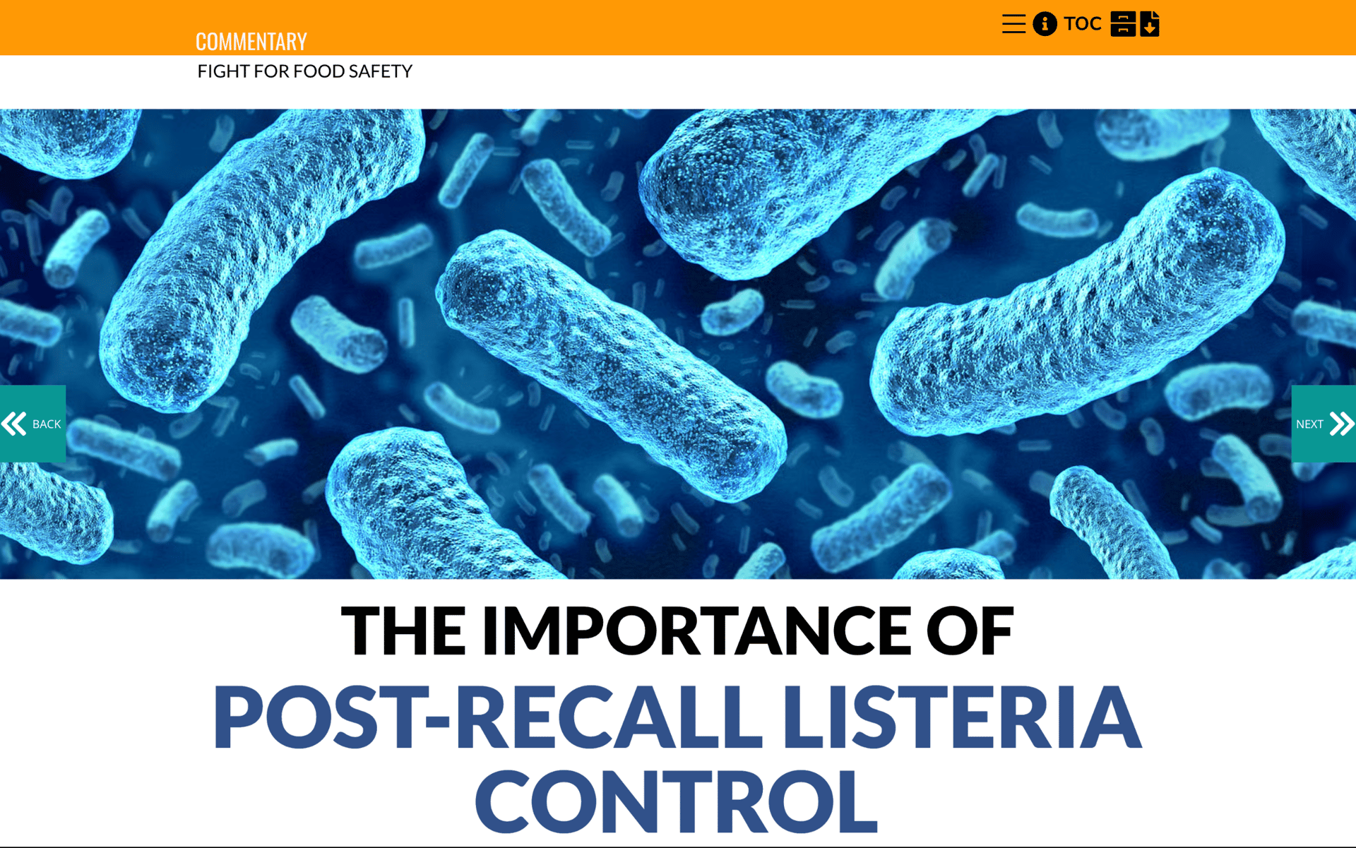 Microscopic view of bacteria and the title "THE IMPORTANCE OF POST-RECALL LISTERIA CONTROL".