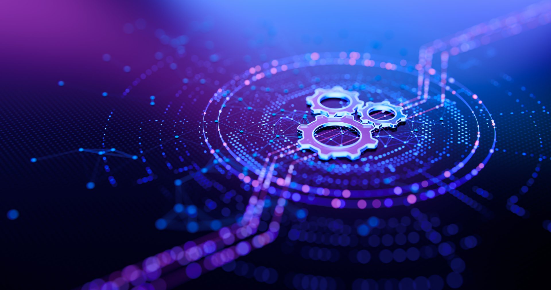Gears on futuristic digital background with blue and purple lights.