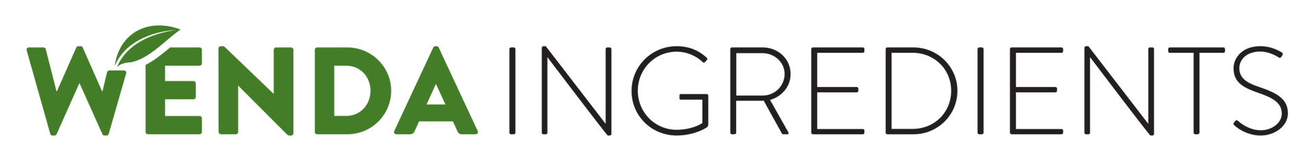 Wenda Ingredients logo: 'WENDA' in green with a leaf design, 'INGREDIENTS' in dark grey.