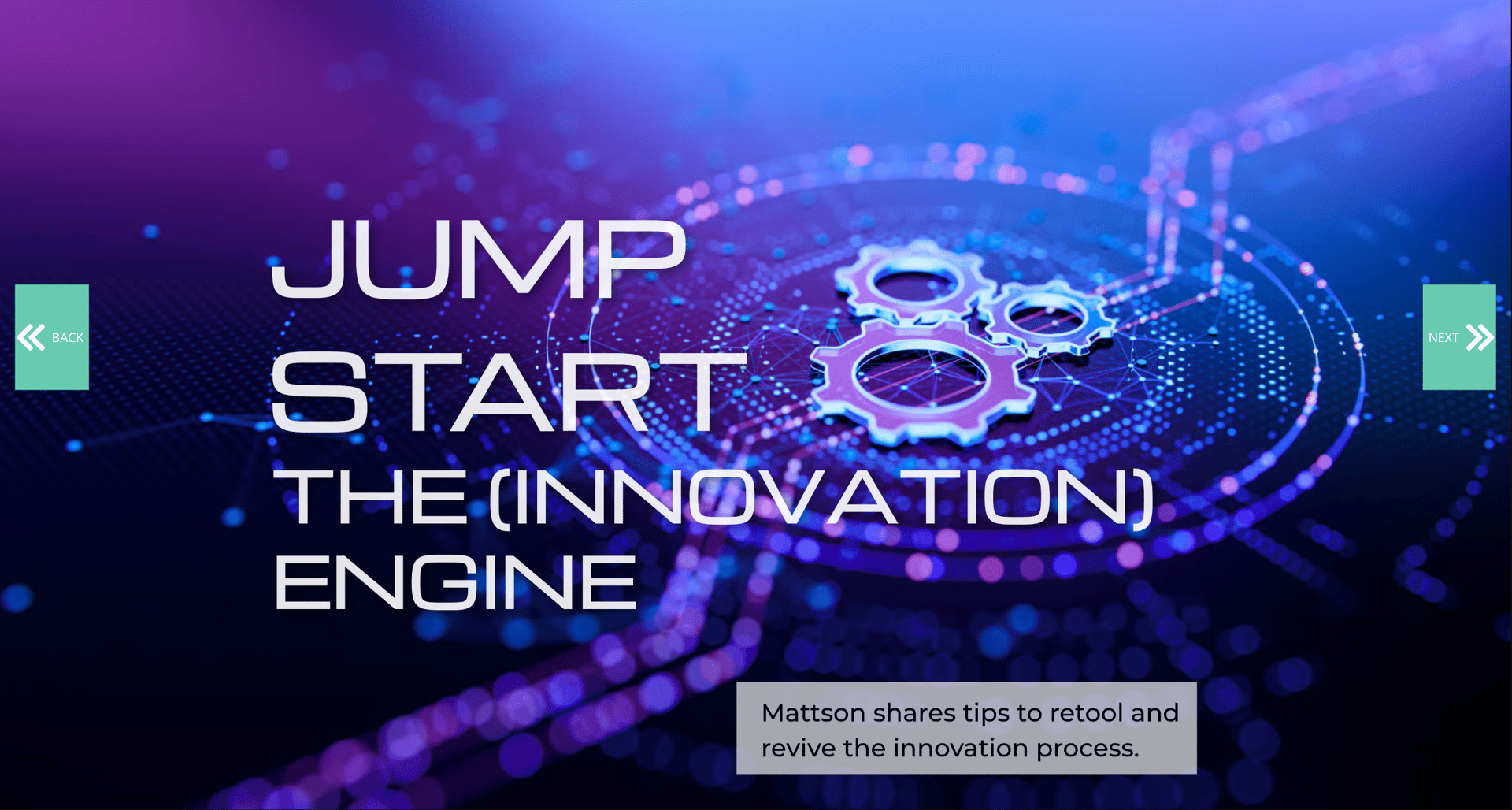 Abstract tech background with gears, text "JUMP START THE (INNOVATION) ENGINE" and innovation tips.