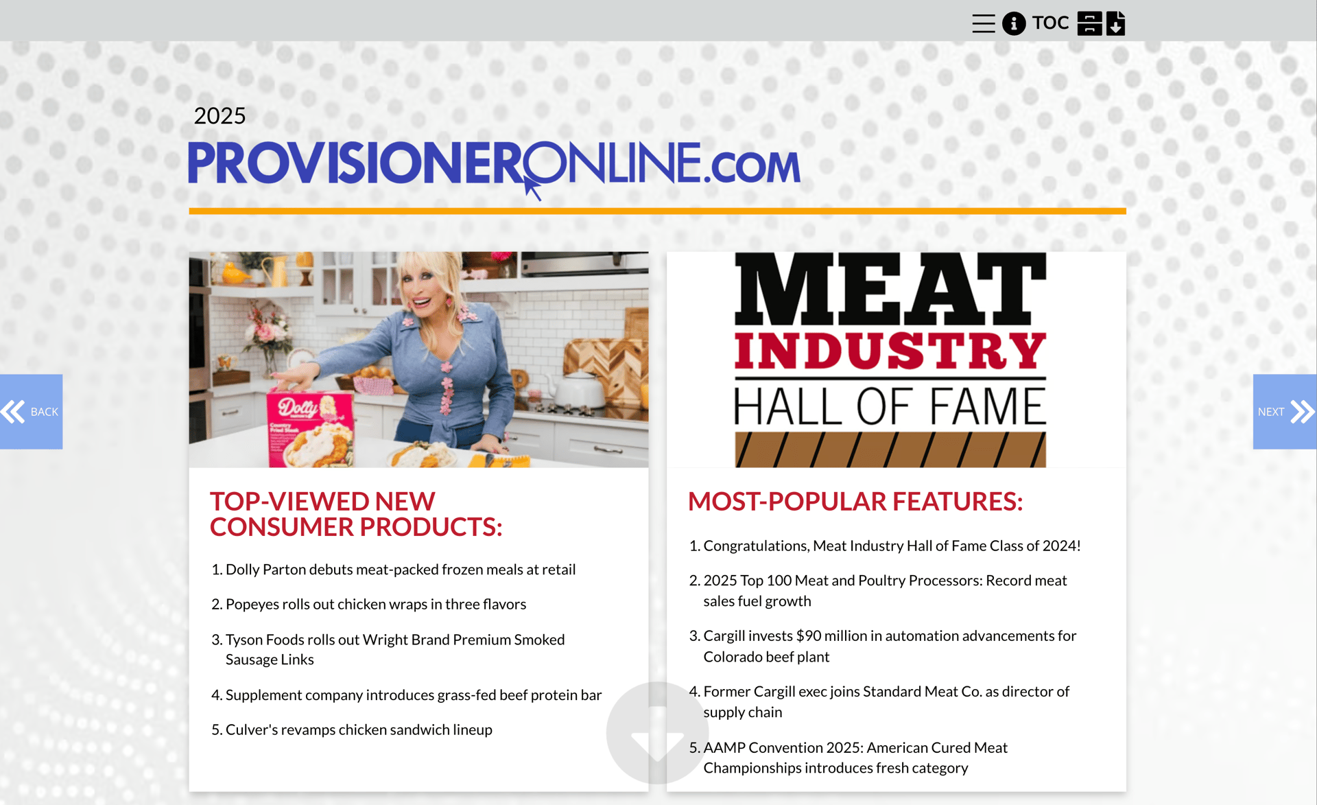 2025 PROVISIONERONLINE.COM page featuring Dolly Parton's food and meat industry news.