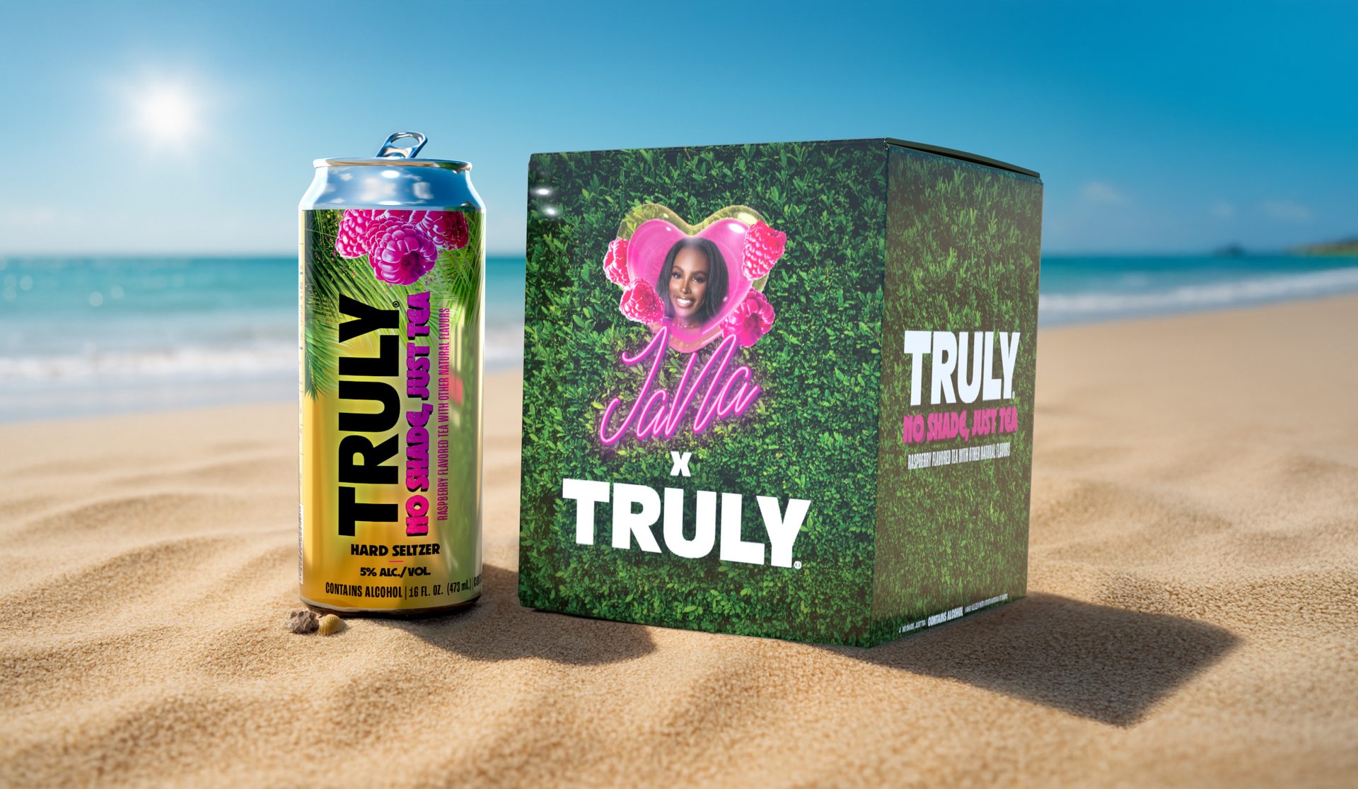 Truly Raspberry Tea Hard Seltzer can and Jalla x Truly box on a sunny beach.