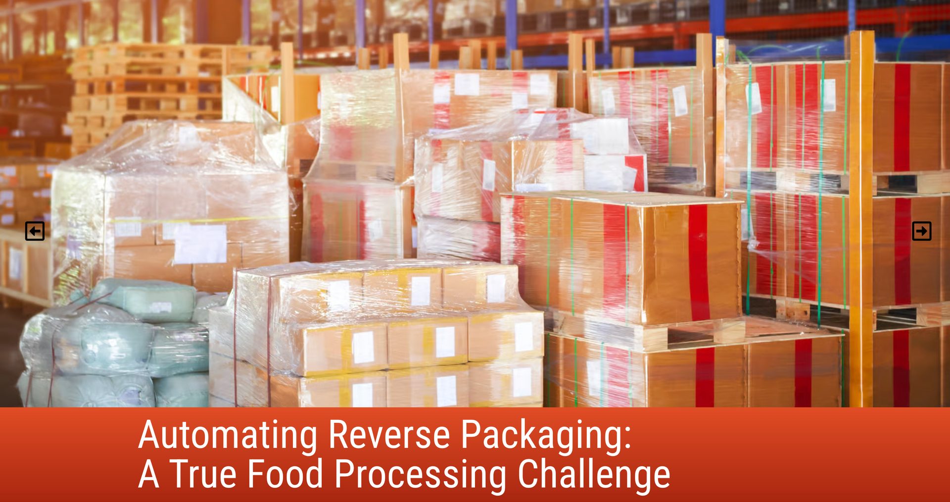 Pallets of plastic-wrapped boxes stacked in a warehouse setting.