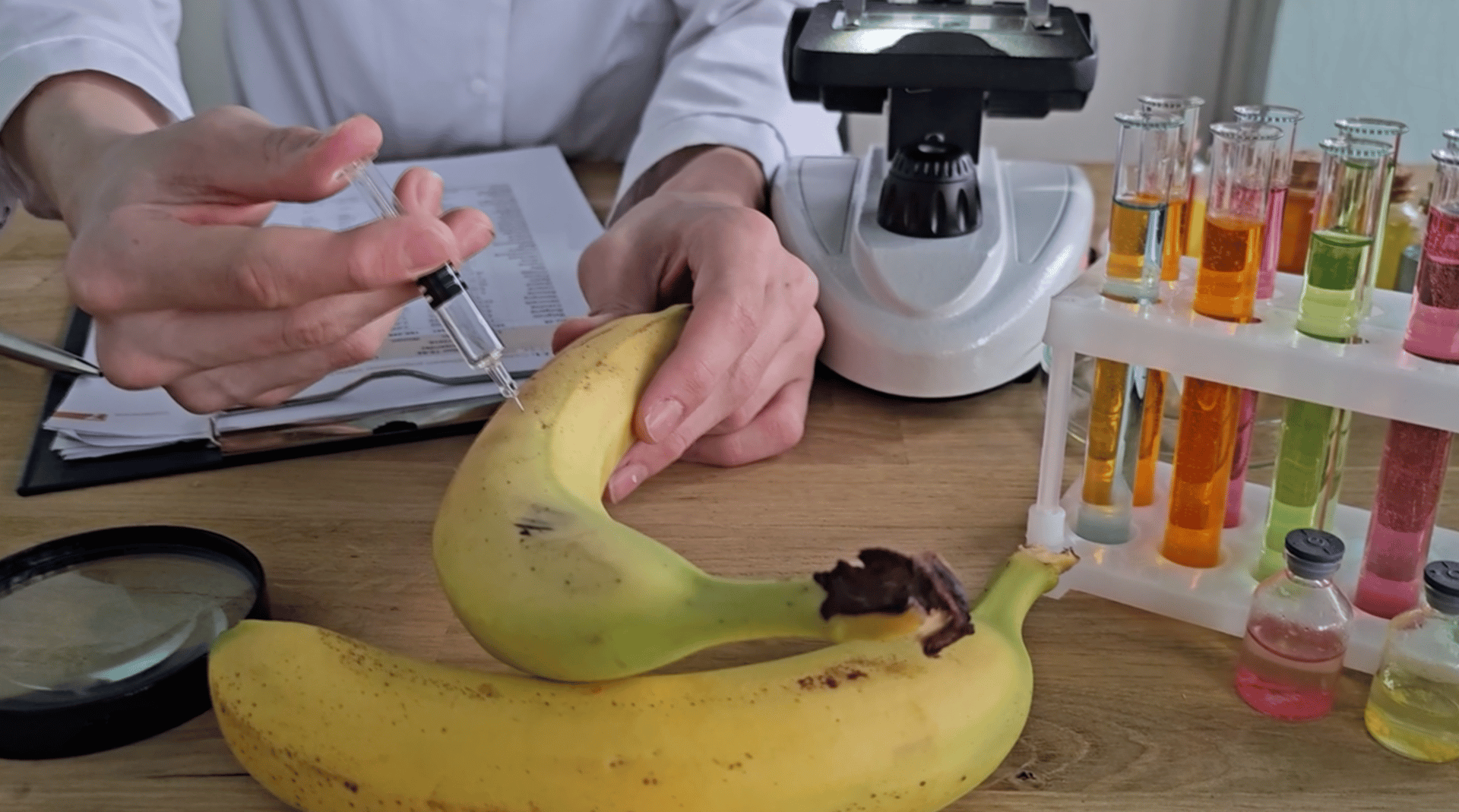A scientist injects a banana with a syringe, surrounded by lab equipment like test tubes and a microscope.