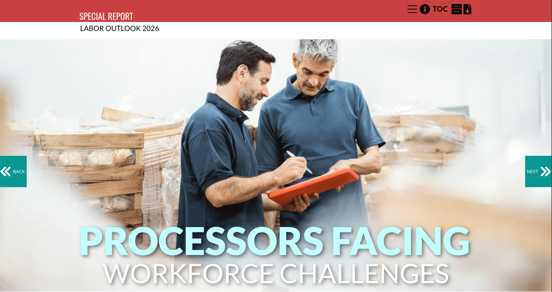 Two men in a warehouse, one writing on a clipboard. Text: "PROCESSORS FACING WORKFORCE CHALLENGES."