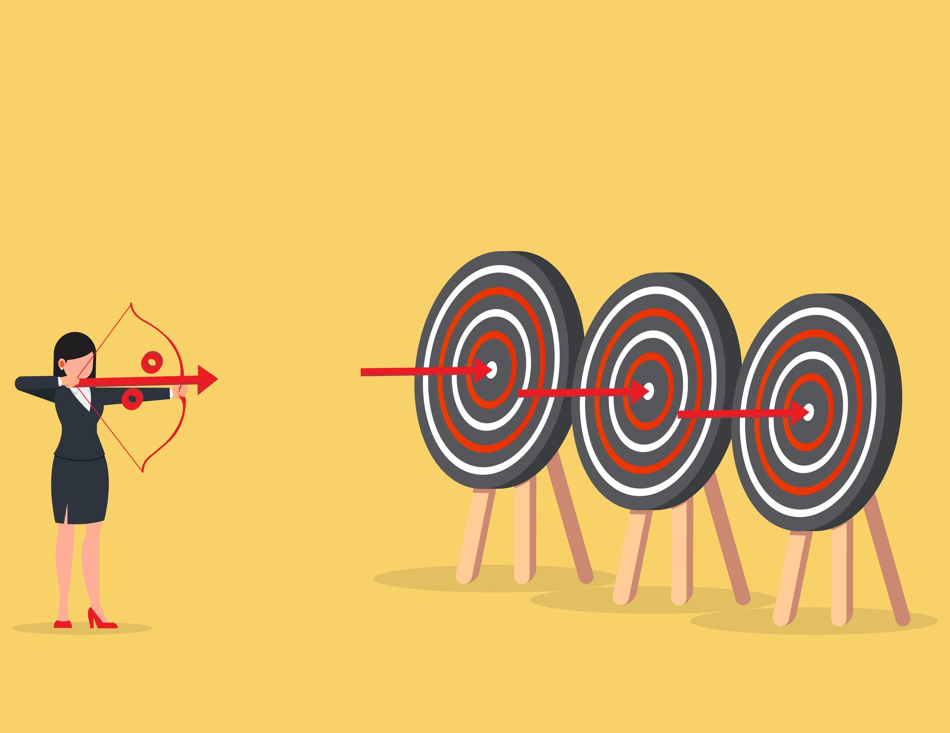 Businesswoman shoots an arrow piercing three targets in a row.