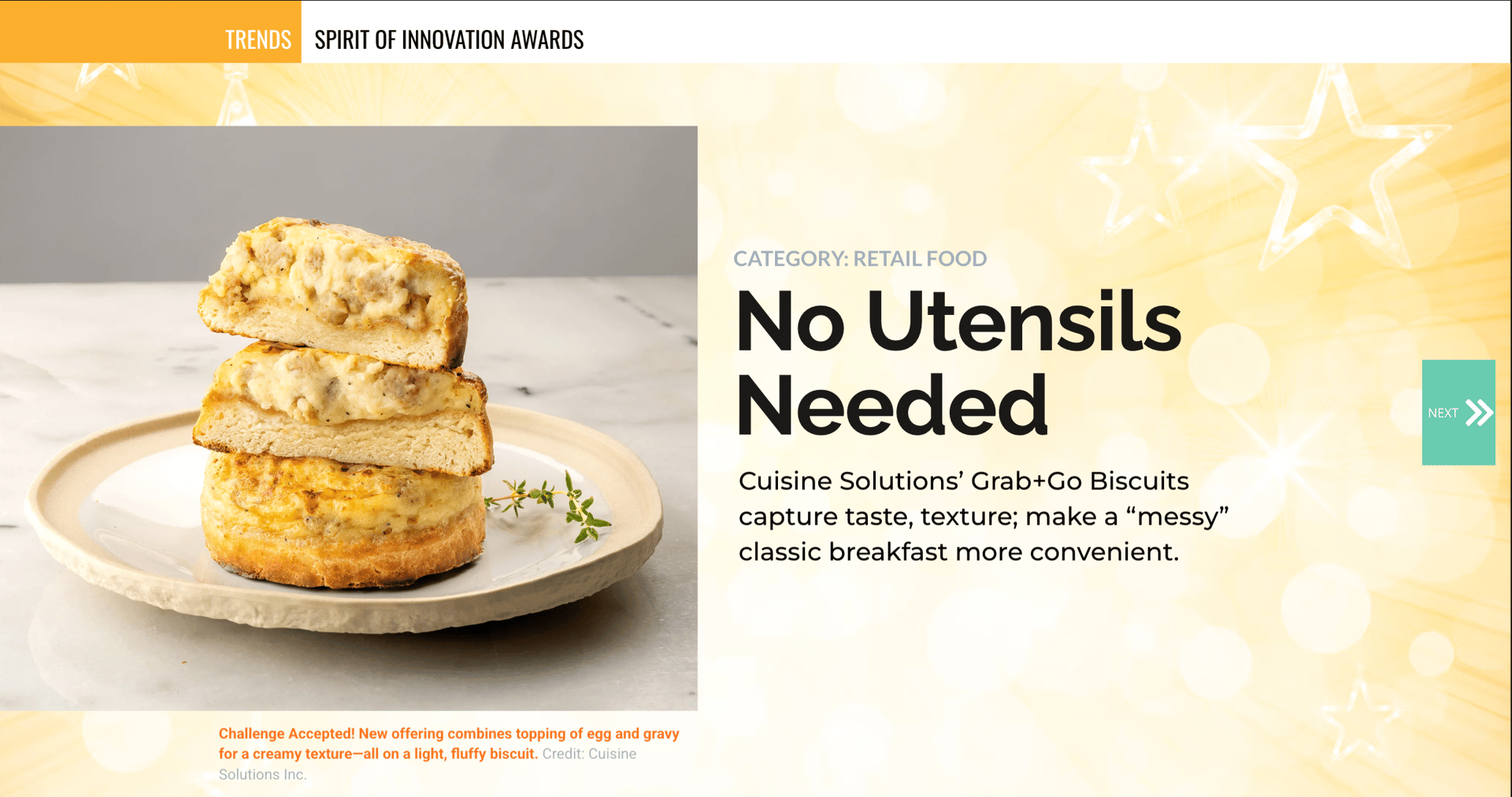 Stack of three biscuits filled with egg and gravy, advertised as "No Utensils Needed" Grab+Go.