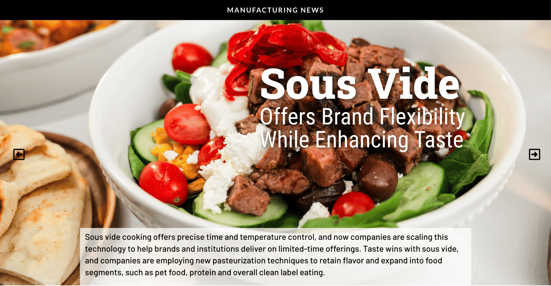 Colorful salad with meat, cheese, and vegetables. Text: 'Sous Vide Offers Brand Flexibility'.