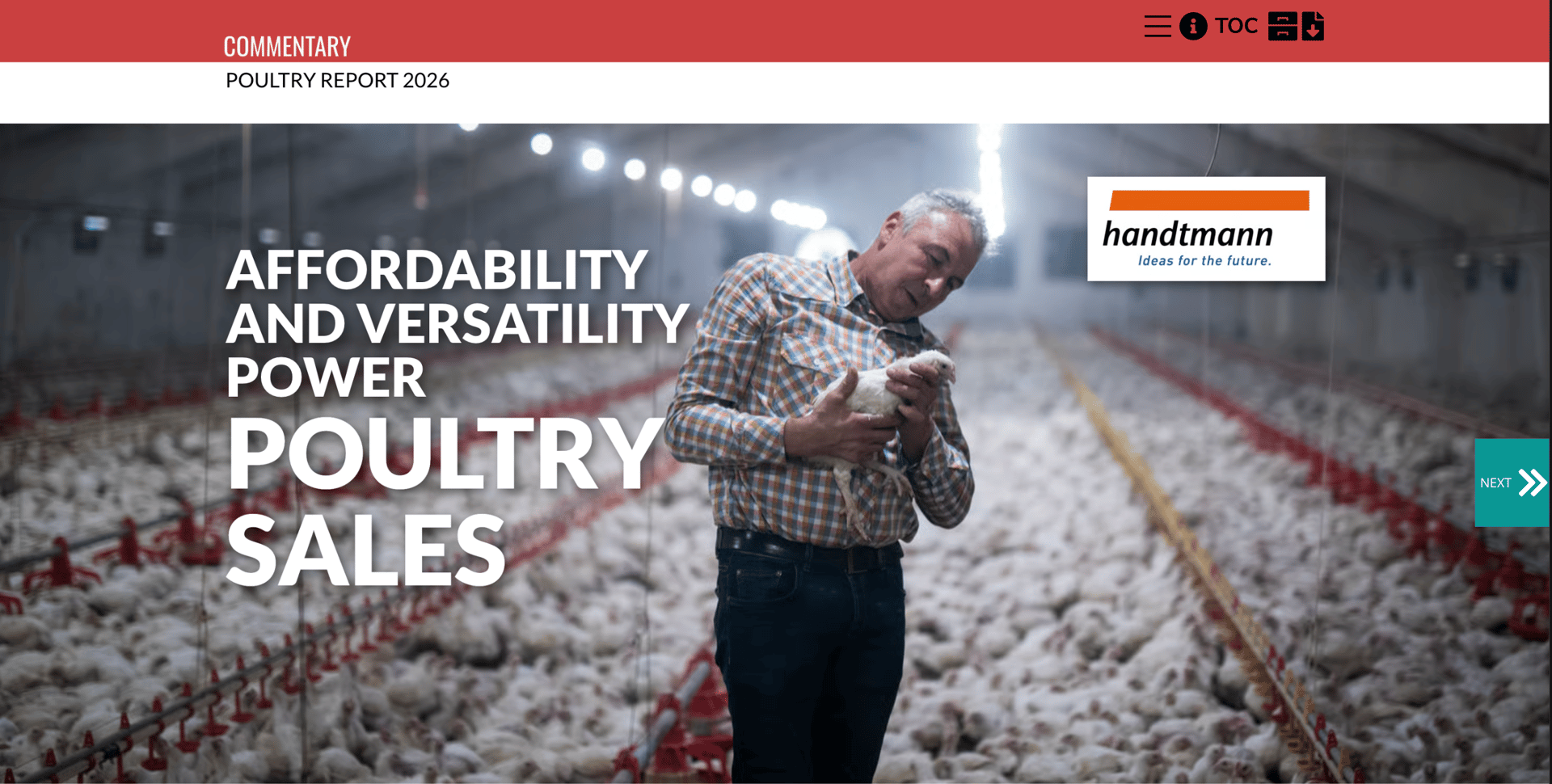Man holding a chick in a poultry farm, with "AFFORDABILITY AND VERSATILITY POWER POULTRY SALES" text and Handtmann logo.