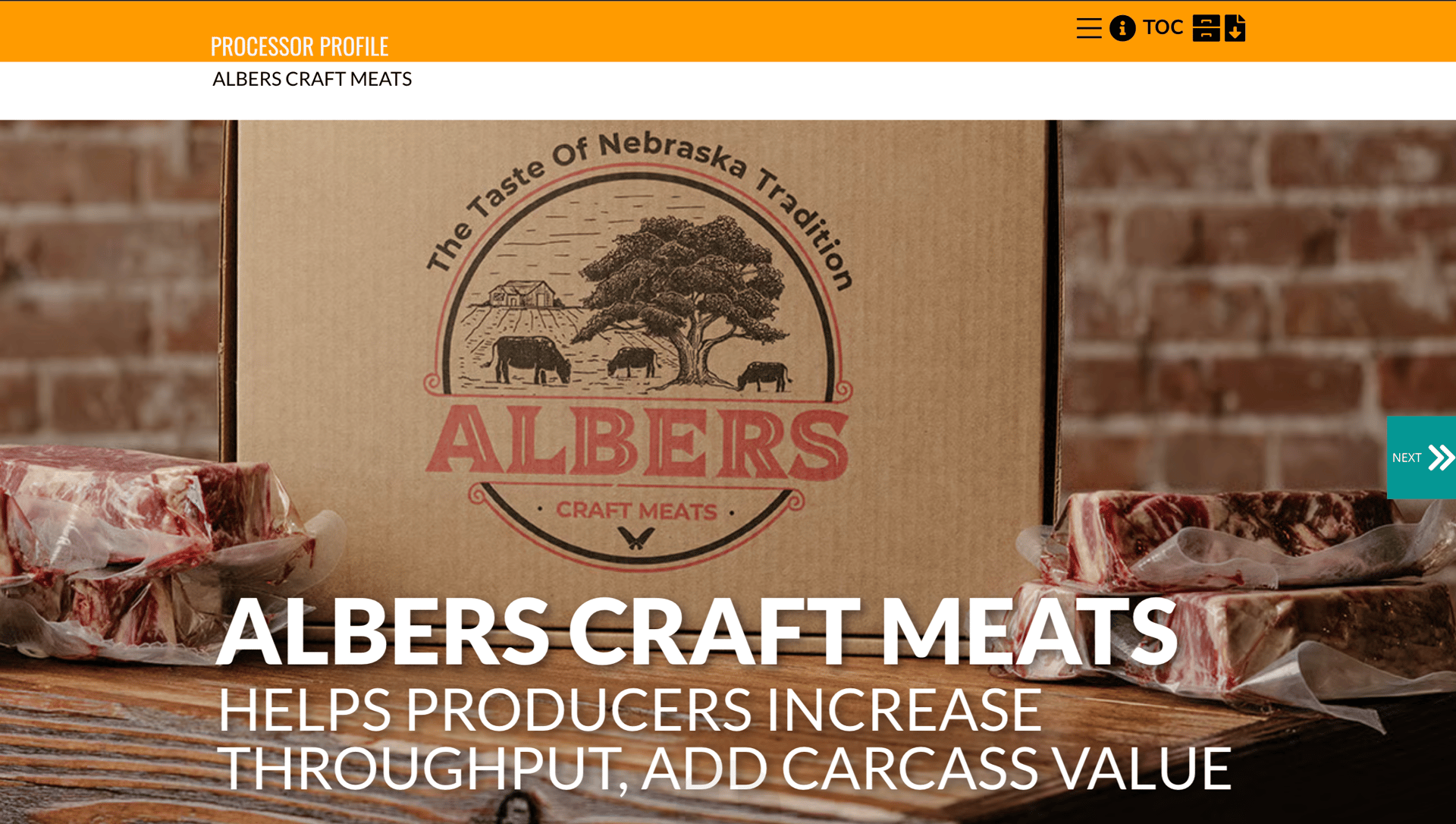 Albers Craft Meats: Packaged beef cuts next to a branded box on a wooden table.