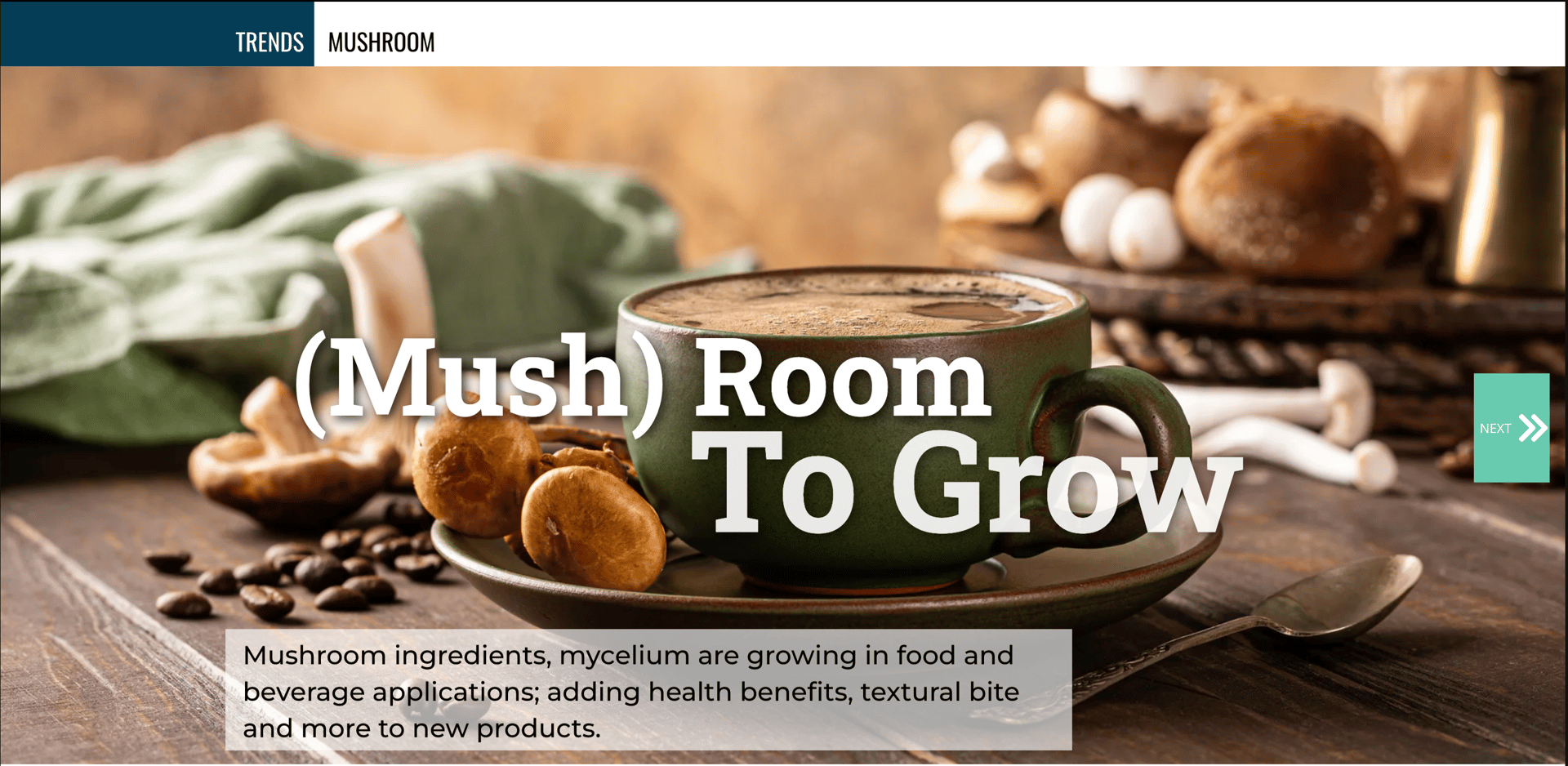 Banner about mushroom trends with coffee, mushrooms, and the title "(Mush) Room To Grow."