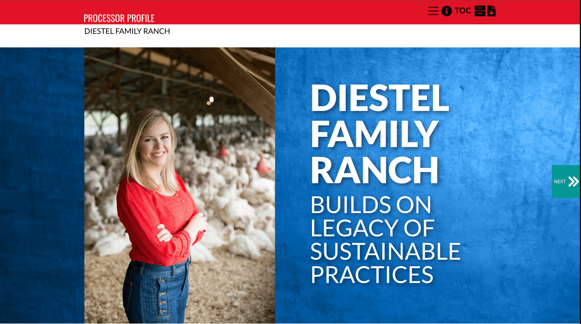 Smiling woman in a turkey barn. Text: Diestel Family Ranch, Sustainable Practices.