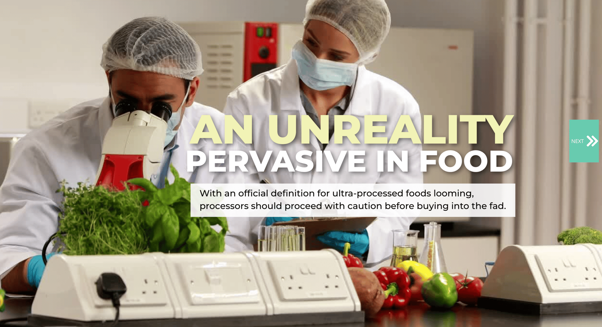 Scientists in a lab coat examine plants under a microscope, discussing 'An Unreality Pervasive In Food'.
