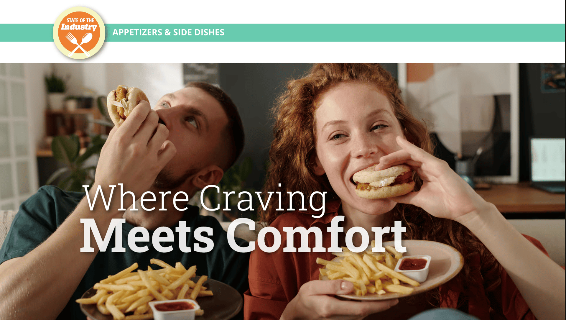 A man and a woman happily eating burgers and fries, enjoying comfort food together.