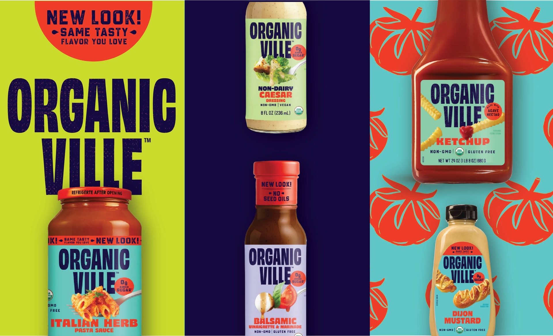 A collage showcasing Organic Ville products like pasta sauce, dressings, ketchup, and mustard with their new packaging.